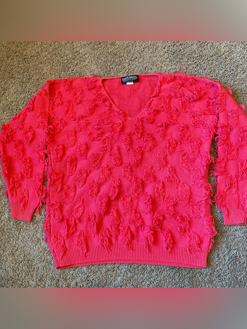 Vintage David Brett Oversized Fringe Sweater Pink Artsy Cotton Boho Whimsical